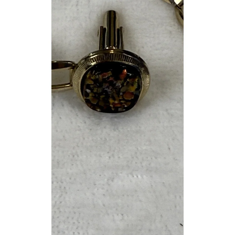 Gold Tone Oval Mosaic Inlay Cufflinks Brown Amber Stone Look Men's Formal